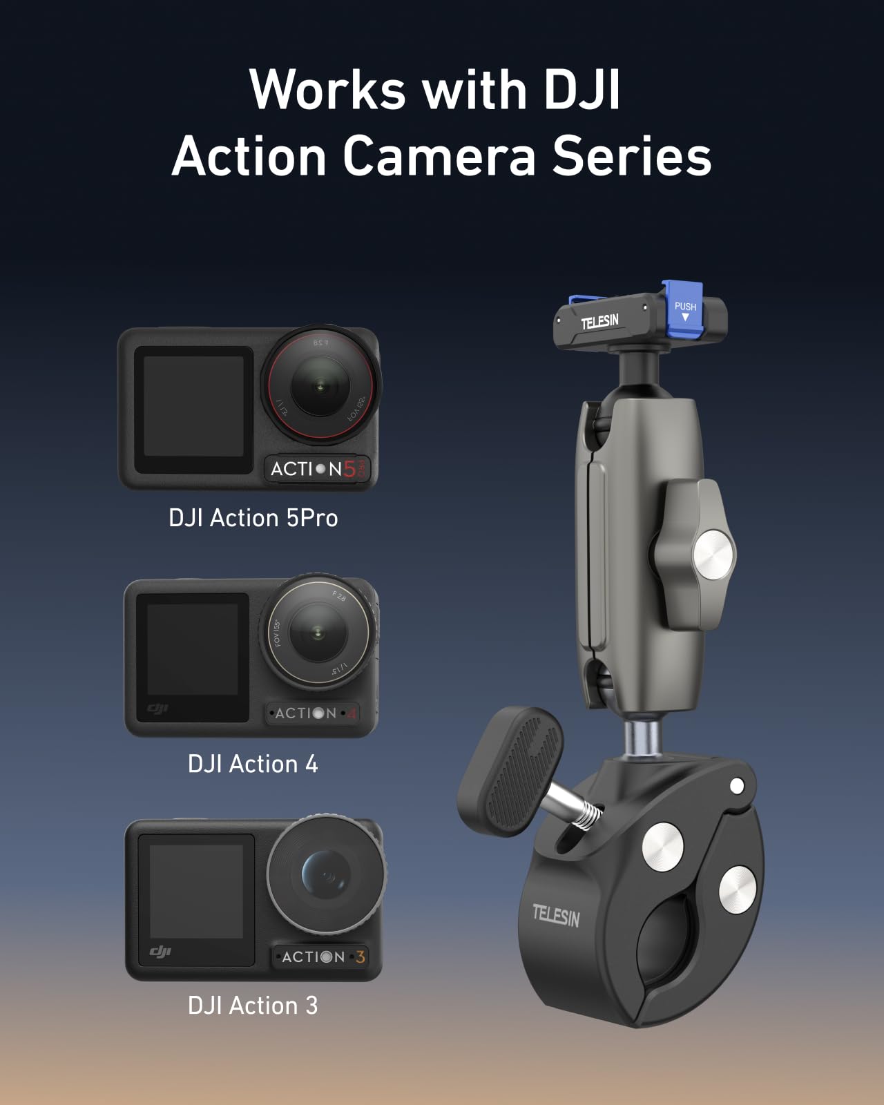 TELESIN Super uchwyt zaciskowy, uchwyt rowerowy do DJI Osmo 360/Action 6 5 Pro/Action 4/Action 3/Pocket 3, klipsy magnetyczne z podwójnym zamkiem | głowica kulowa obracana o 360°, pasuje do kierownicy