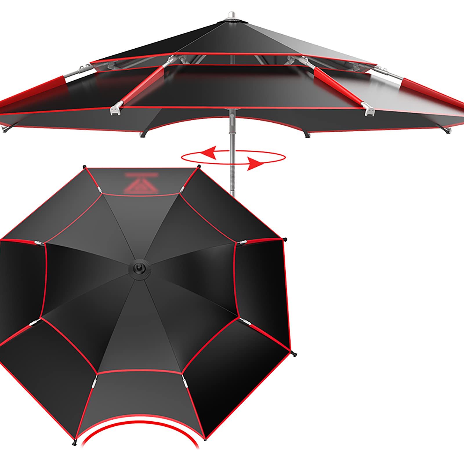 Duży wiatroszczelny składany parasol przeciwsłoneczny na zewnątrz, czarny okrągły wędkarstwo i plaża, dwuwarstwowy top, 16 żeber z włókna szklanego, drążek ze stopu aluminium, regulowany 360° stabilny