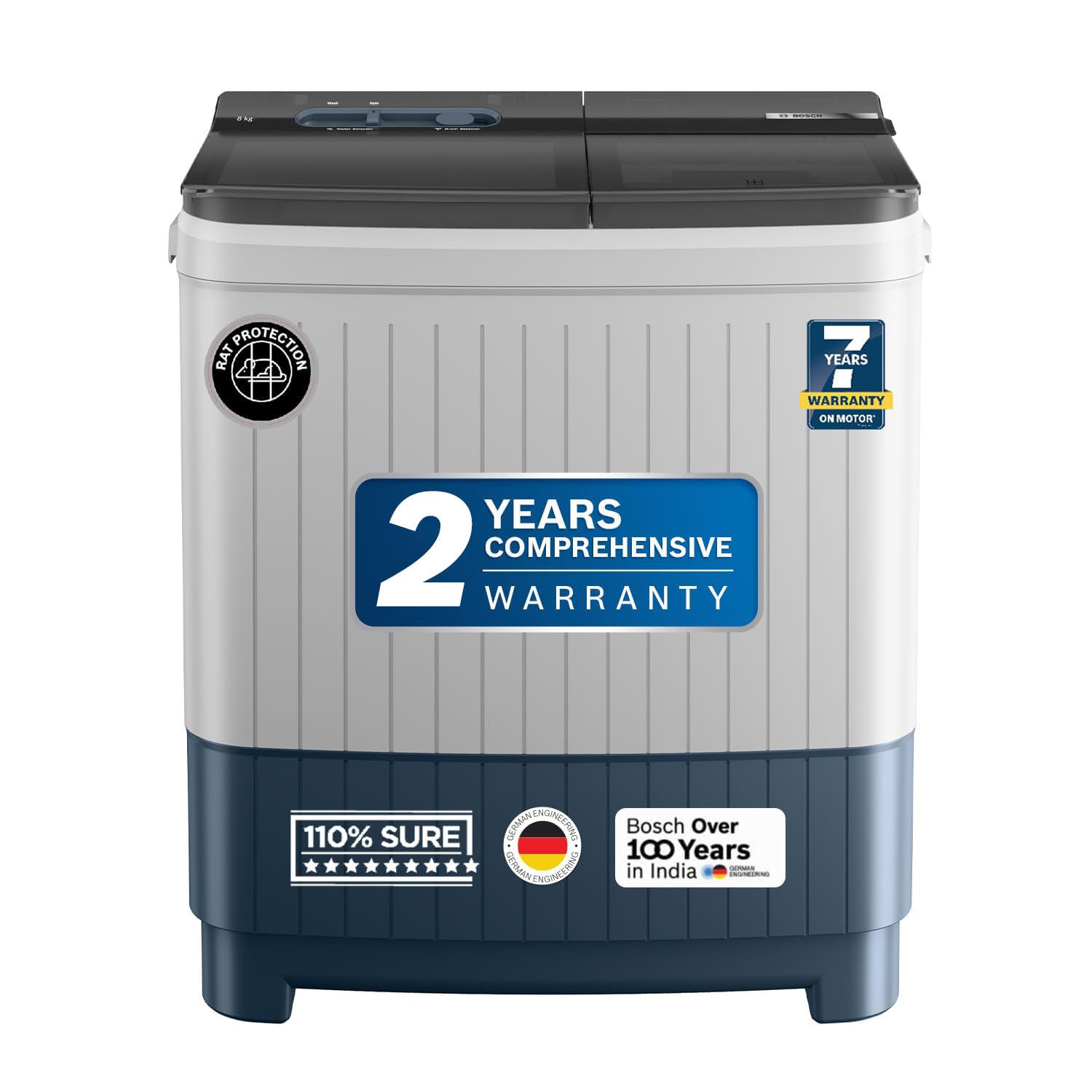 Bosch 8 kg 5 Star Semi-Automatic Top Loading Washing Machine (2025 Model, WJP802P0IN, 3 Wash Programs, Anti-Rust Body, 1300 RPM Spin Speed, White, 2 Years Comprehensive Warranty)