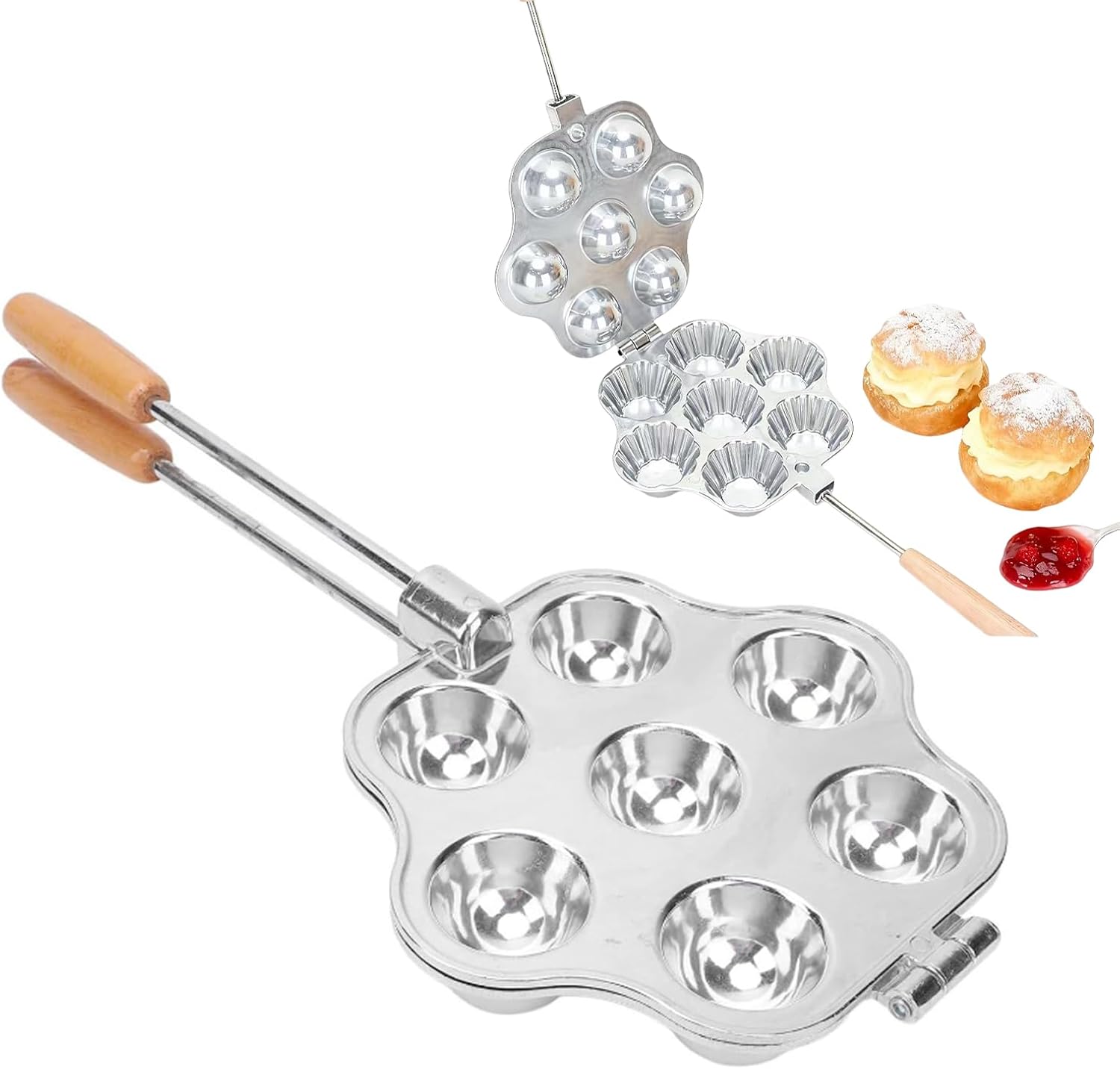 Egg Tart Mold 7 Holes, Non Stick Reusable Aluminum Alloy Baking Mould with Wooden Handle, Mini Tart Pan for Cake Pudding Muffin