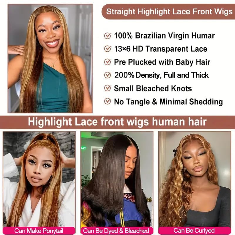 Straight Honey Blonde 200% Density HD Lace Front Human Hair Wig For Black Women,9X6 Max Part 4/27 Ombre Highlight Wear And Go Drawstring Glueless Wig Human Hair Pre Plucked Pre Cut For Beginner 20Inch - Image 4