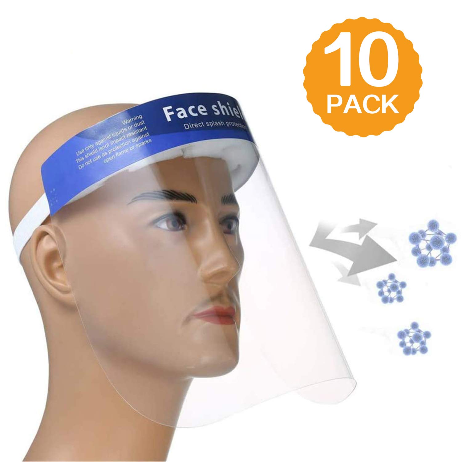 10PCS Reusable Plastic Face Shield Safety Face Shield Full Face Shield Anti-Saliva With Protective Clear Film Elastic Band and Comfort Sponge