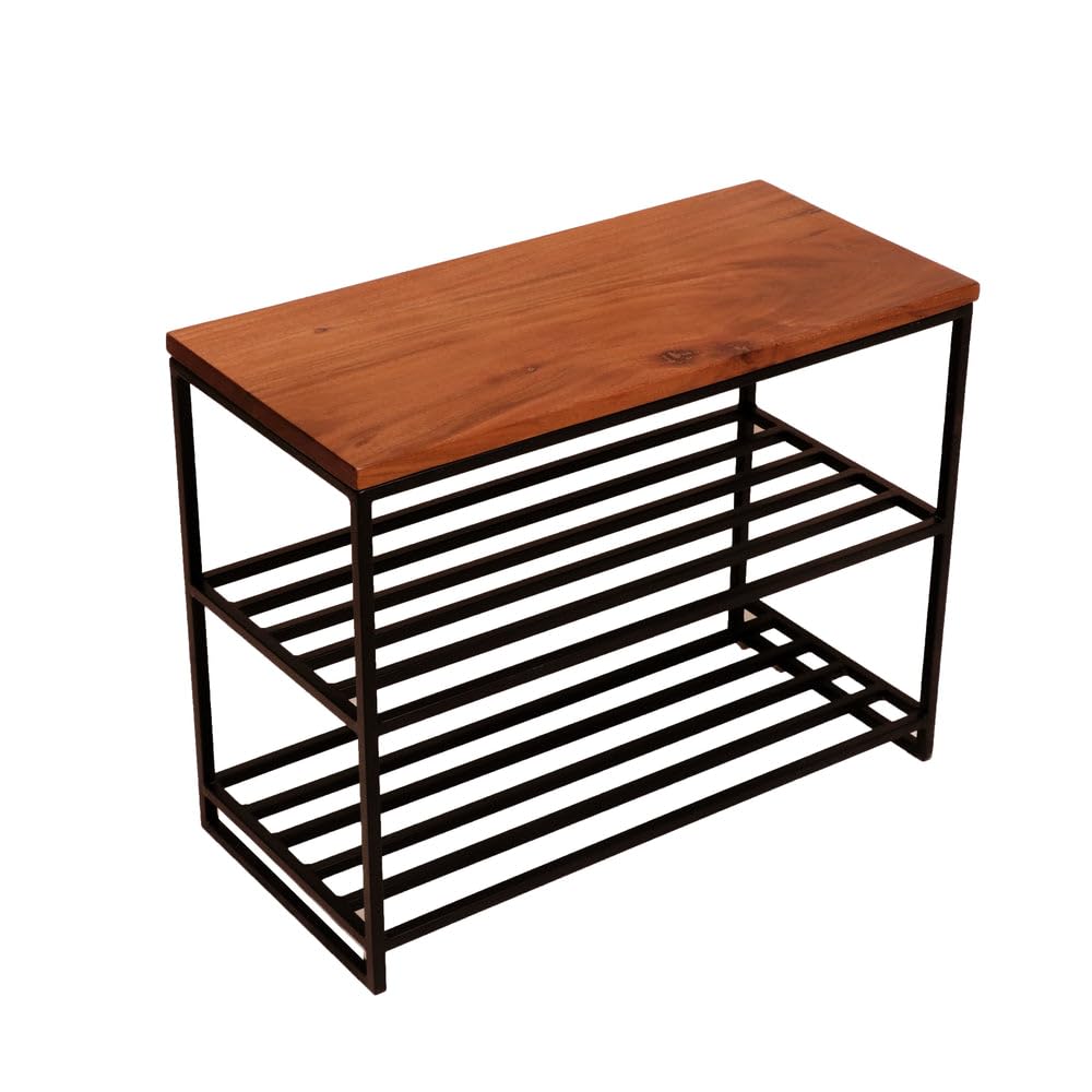 3-Tier Wooden Shoe Rack with Metal Frame, Brown Wood Top with Black Base, Storage Organiser-image-41