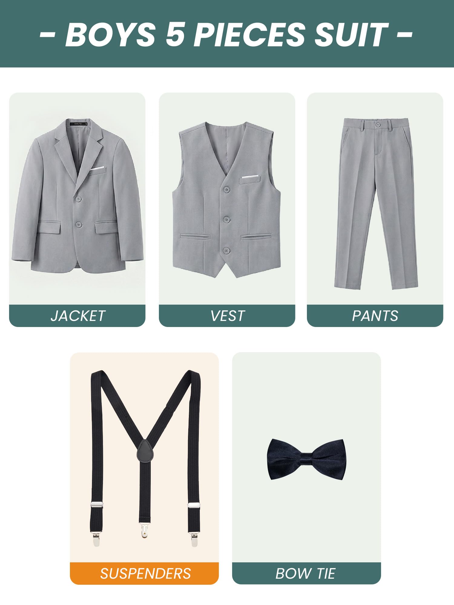 Traje de 5 Piezas Traje de Blazer, Chaleco, Pantalón, Suspensores y Pajarita Ropa de Fiesta de Cumpleaños 4-14 años