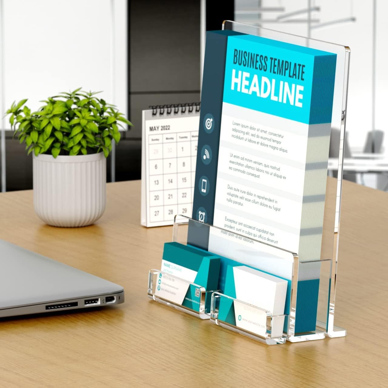 Lot de 2 porte-brochures A5 avec porte-cartes de visite en acrylique | Brochures de menu épaisses autonomes en plexiglas pour magazines, cartes de visite, brochures