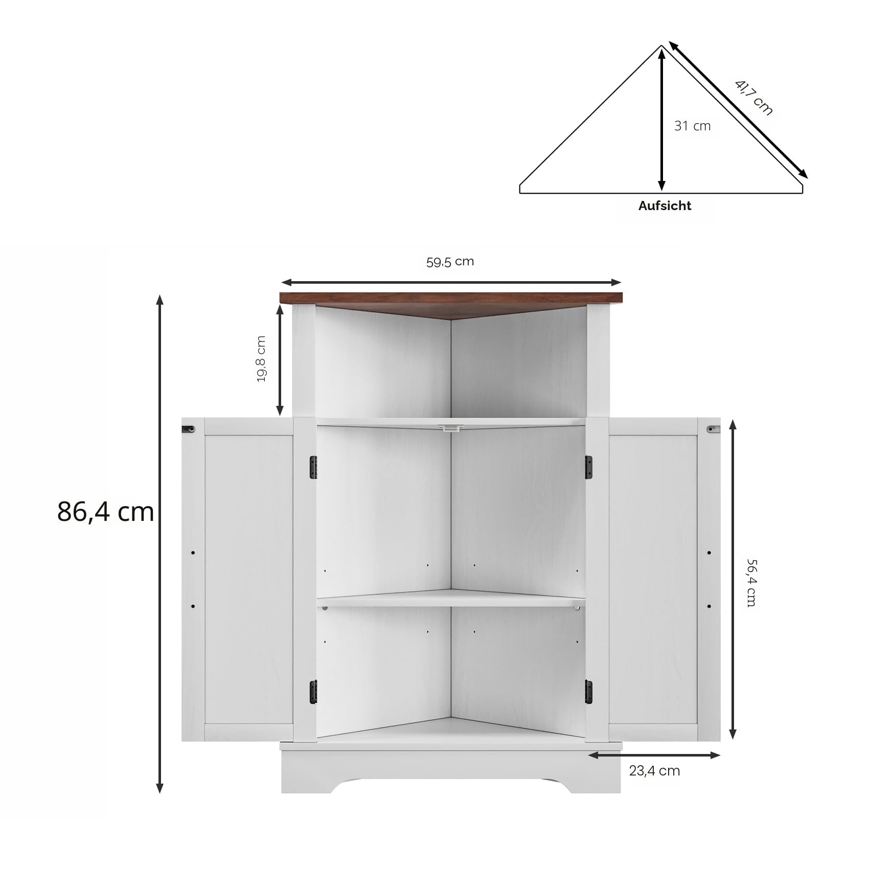 Badezimmer-Eckschrank, Bauernhaus-Boden-Eckschrank mit Türen und verstellbaren Regalen, freistehender Holzaufbewahrungsstall Schrank für Badezimmer, Küche, Wohnzimmer, Weiß
