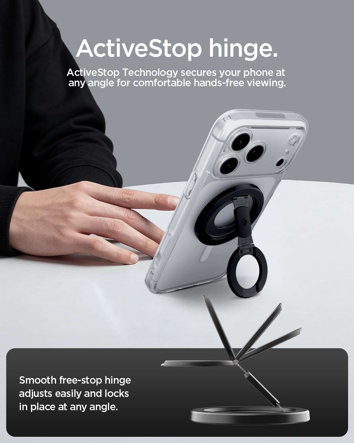 Spigen O-Mag MagFit+ Anneau MagSafe [Double Charnière] Support Anneau | Aimant Double Face pour iPhone 17, 17e, 16, 15, 14, 13 12 et Coques MagSafe pour Samsung S26, S25, Pixel 10 – Noir