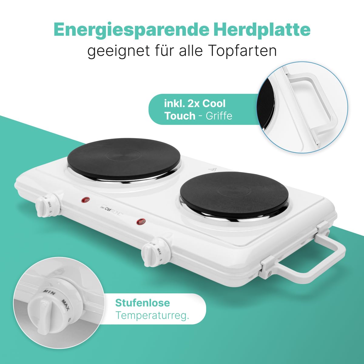 Clatronic® double plaque de cuisson pour le camping, la cuisine ou le bureau | 2 plaques Ø env. 180mm & 150mm | thermostat réglable en continu | laque résistante à la chaleur | DKP 3583