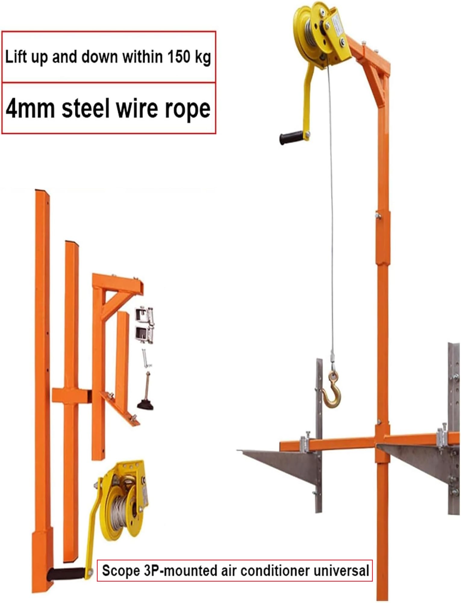 Hebewerkzeug for die Installation von Klimaanlagen, Hebekräne for Klimaanlagen, mit manueller Winde, Halterung for Klimaanlage aus Kohlenstoffstahl, 3 PS(150kg-3000cm)