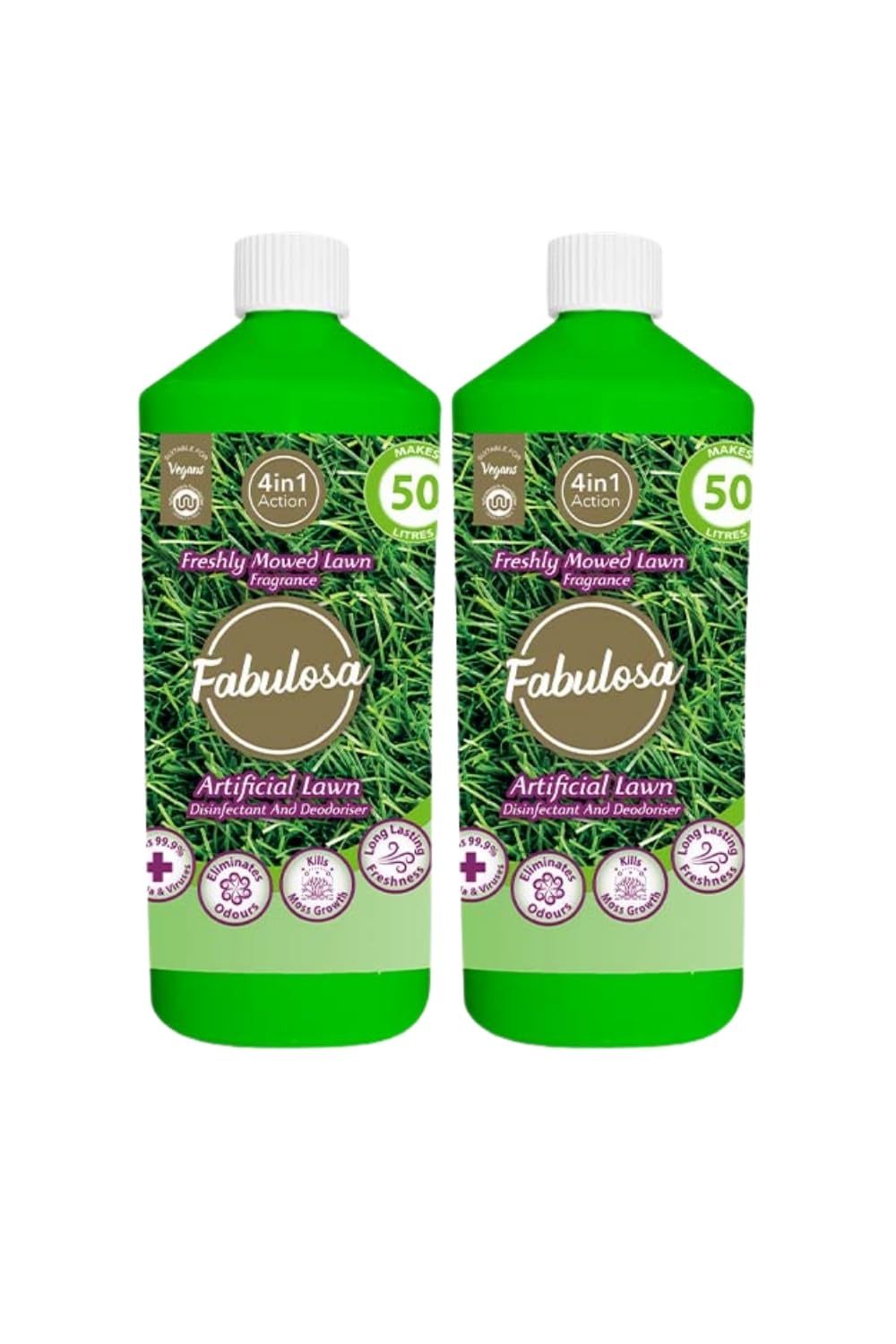 Fabulosa 4 in 1 Disinfectant and Deodoriser, Pet & Dog Friendly Artificial Lawn & Grass Cleaner, Urine Cleaner and Moss Growth Killer, Makes 100L, 1L, 2 Pack, Freshly Mowed Lawn