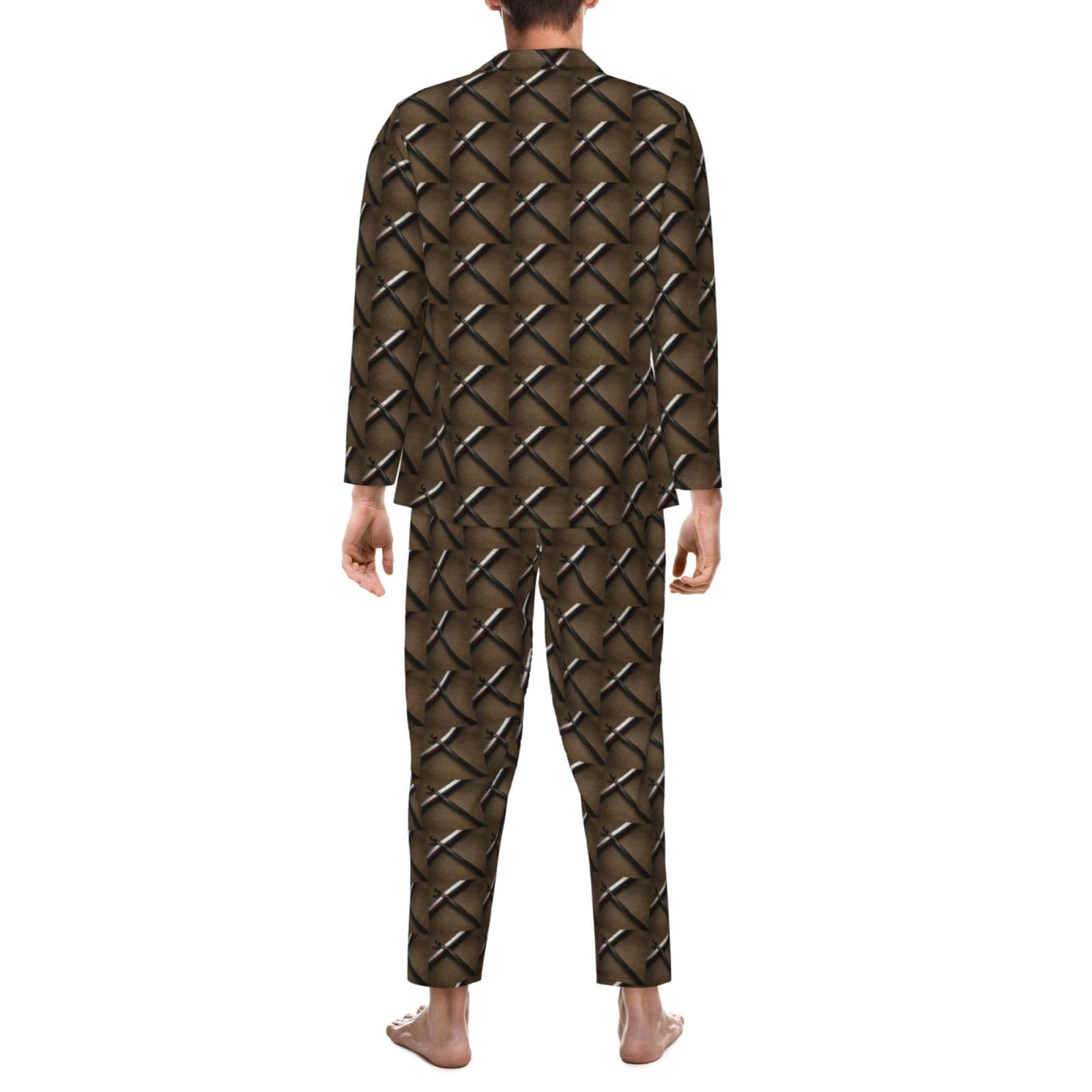 Japanischer Samurai-Schwert-Druck Herren-Pyjama-Set, langärmelig, zweiteilig, Hauskleidung, bequeme Nachtwäsche, Nachtwäsche