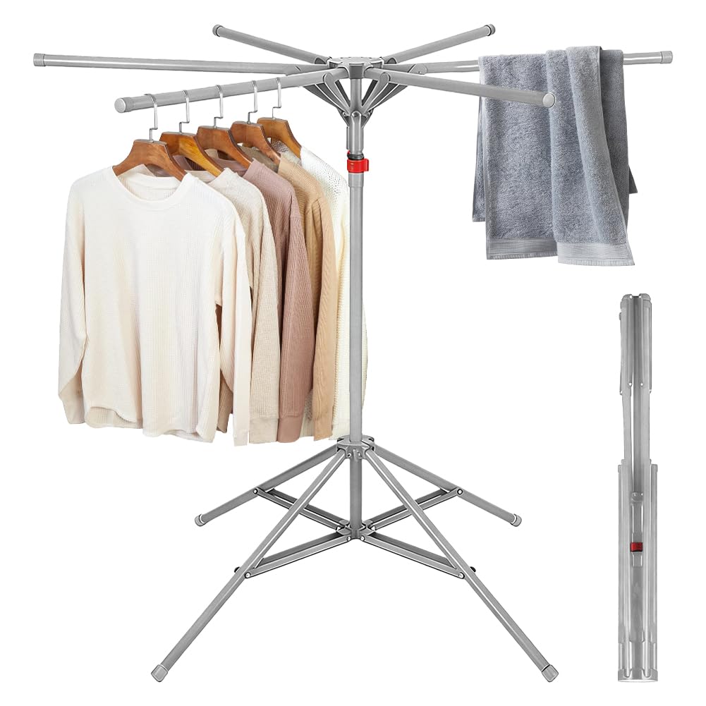 Tendedero de Ropa 6 Brazos Extensible y Plegable, Base Triangular Antideslizante, Altura Ajustable 120-170 cm para Interior y Exterior, Secadora Compacta de Viaje