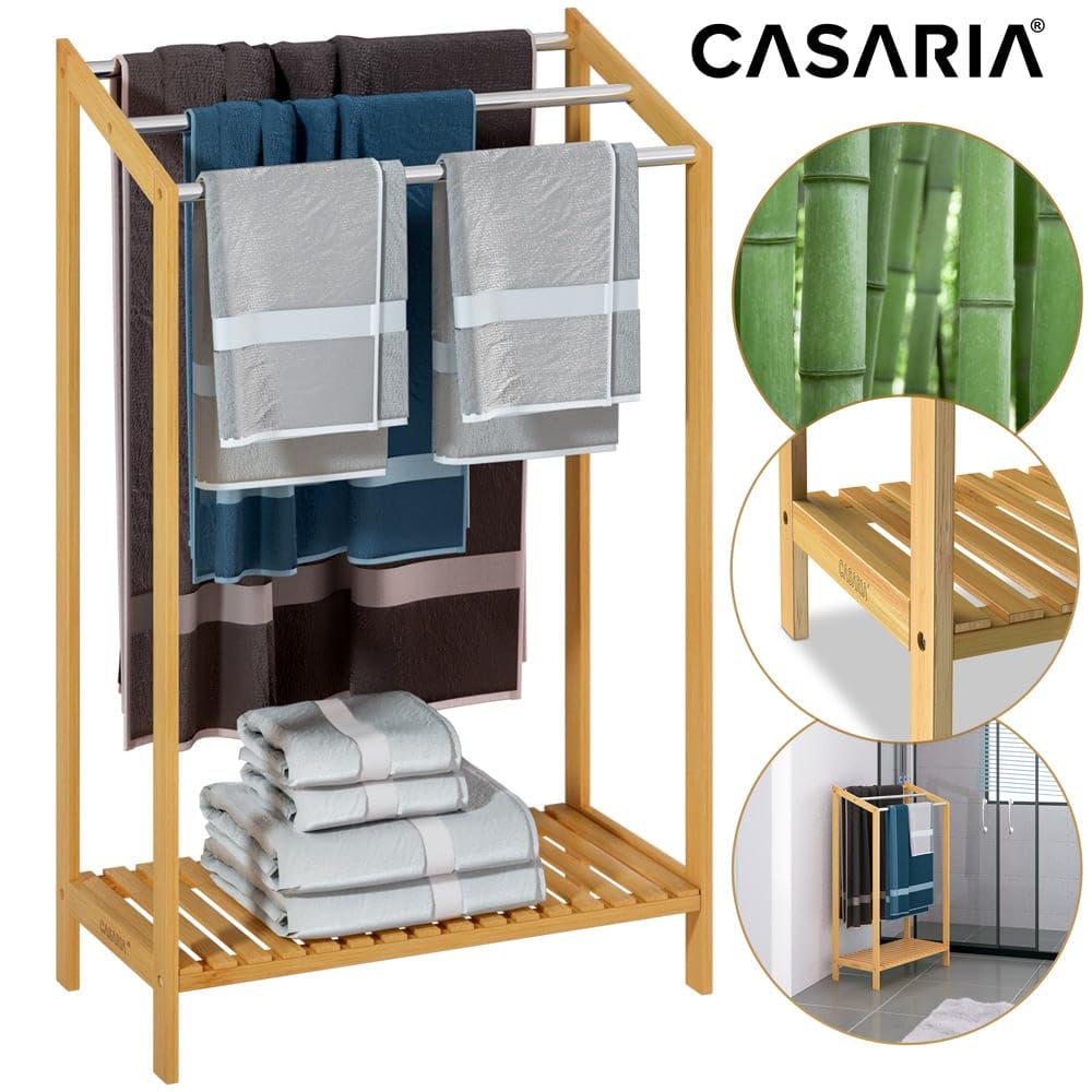 Porte-Serviettes en Bambou sur Pied avec 3 Barres en Acier Inoxydable Étagère de Rangement Salle de Bain