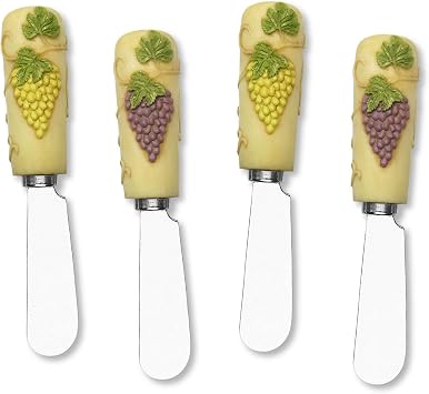 UP UPware Antique Grapes Cheese Spreaders, Hand-Painted Resin Handles with Stainless Steel Blades for Spreading Cream Cheese, Butter, and Jam, Assorted Designs, Set of 4