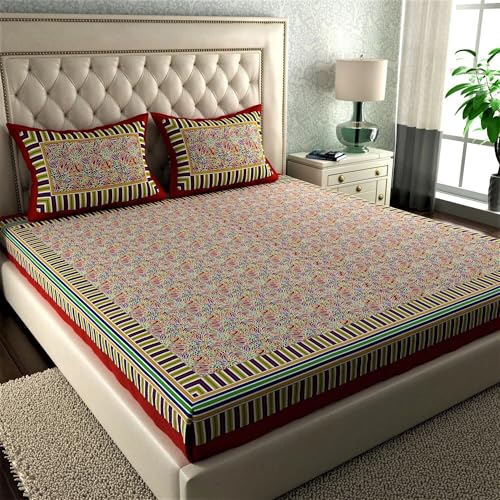 Image of La Verne144 TC 100% Cotton King Size Jaipuri Rjasathani Print Bedsheet with 2 Pillow Covers (Red)