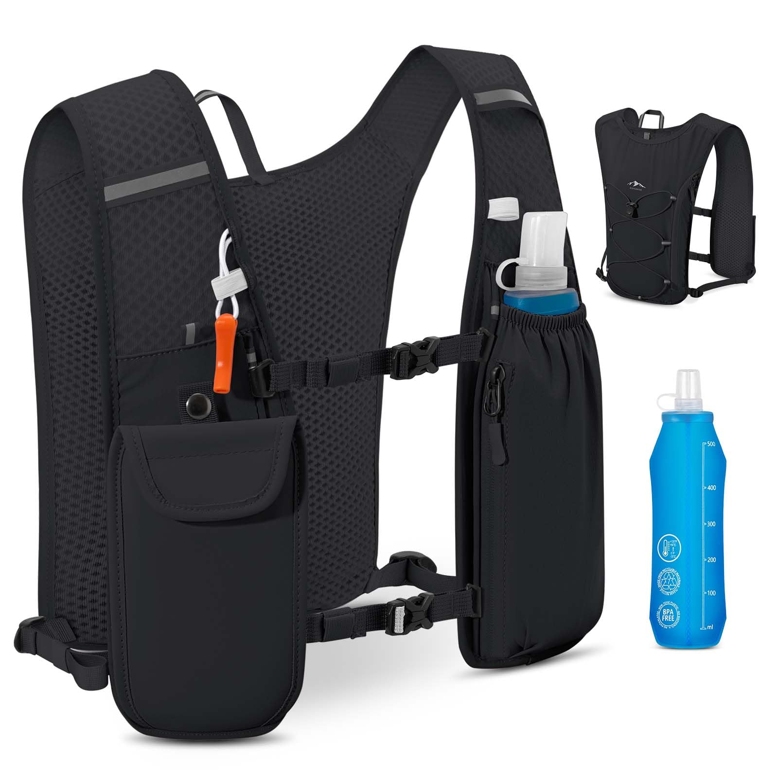 Running Vest for Women Men Lightweight Reflective Hydration Vest Backpack with 500ml Water Bottle for Marathons Trail Running Cycling Hiking (All black) โ image 1