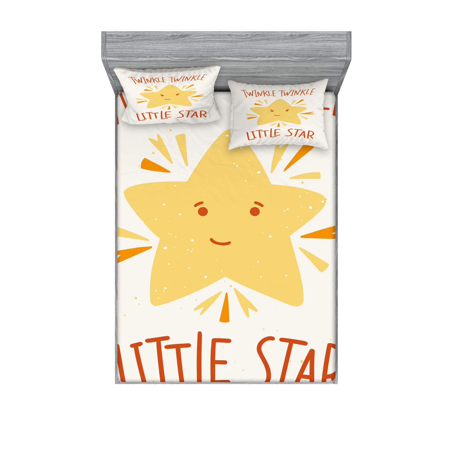 Ambesonne Cartoon Fitted Sheet & Pillow Sham Set, Twinkle Little Star Phrase Happy Yellow Art Illustration, Decorative Printed 3 Piece Bedding Decor Set, King, Mustard Dark Orange