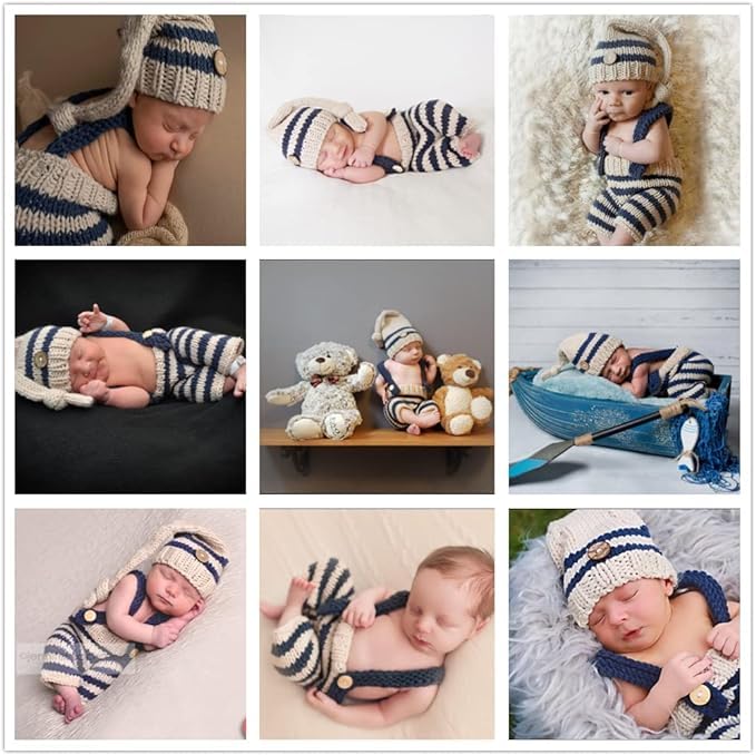 Image of BabyMoon Set of 2 | Knitted Suspender with Cap Hat | Photography Props Costume | Gift Set | 0-6 Months | Blue