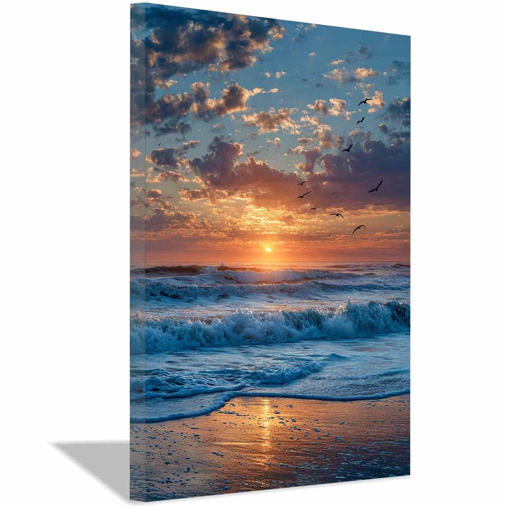 HOQIU Beautiful wall art Sunset Ocean Wavess canvas artwork for wall, art prints, For living room, bedroom, bathroom, dining room, painting and decor.(Multicolor)-20x30cm Framed