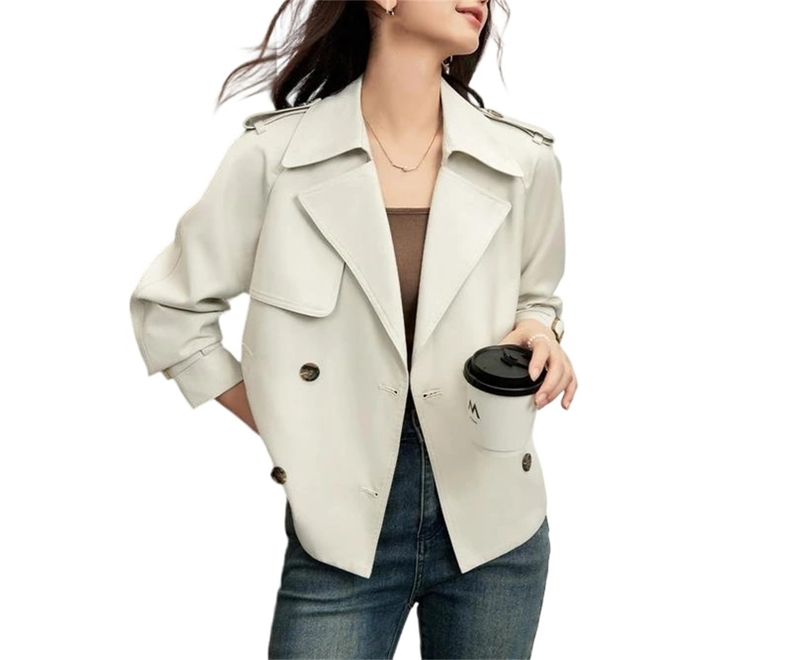 Womens Cropped Double Breasted Trench Coat Turndown Collar Short Jacket Work Office Outwear With Pockets