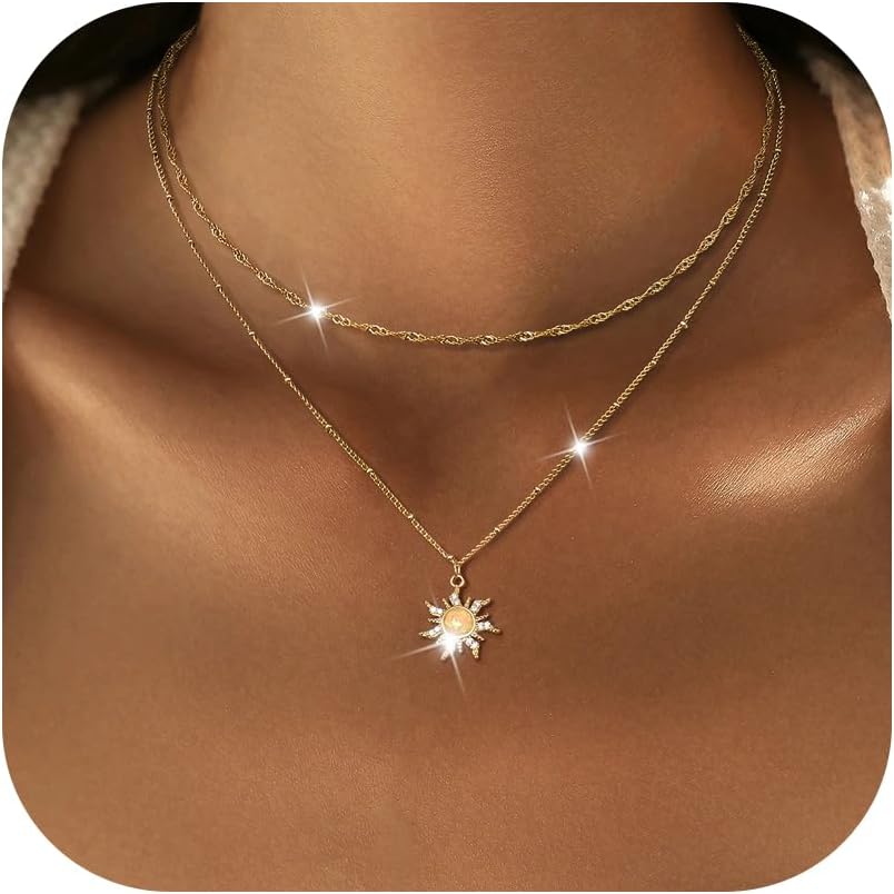 Dochais Layered Gold Chain Necklaces for Women Dainty Choker Charm Necklace Stack 14k Gold-Plated Non-Tarnish Statement Pendant Necklace Set
