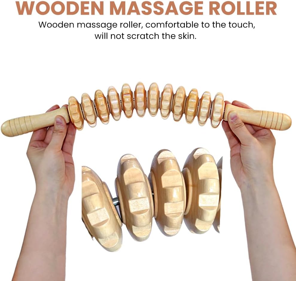 Wooden Massage Roller Stick with Triangle Massager, 12 Rollers Curved Wood Therapy-Massage Tool for Cellulite Reduction and Muscle Tension, 16.9inch - Image 4