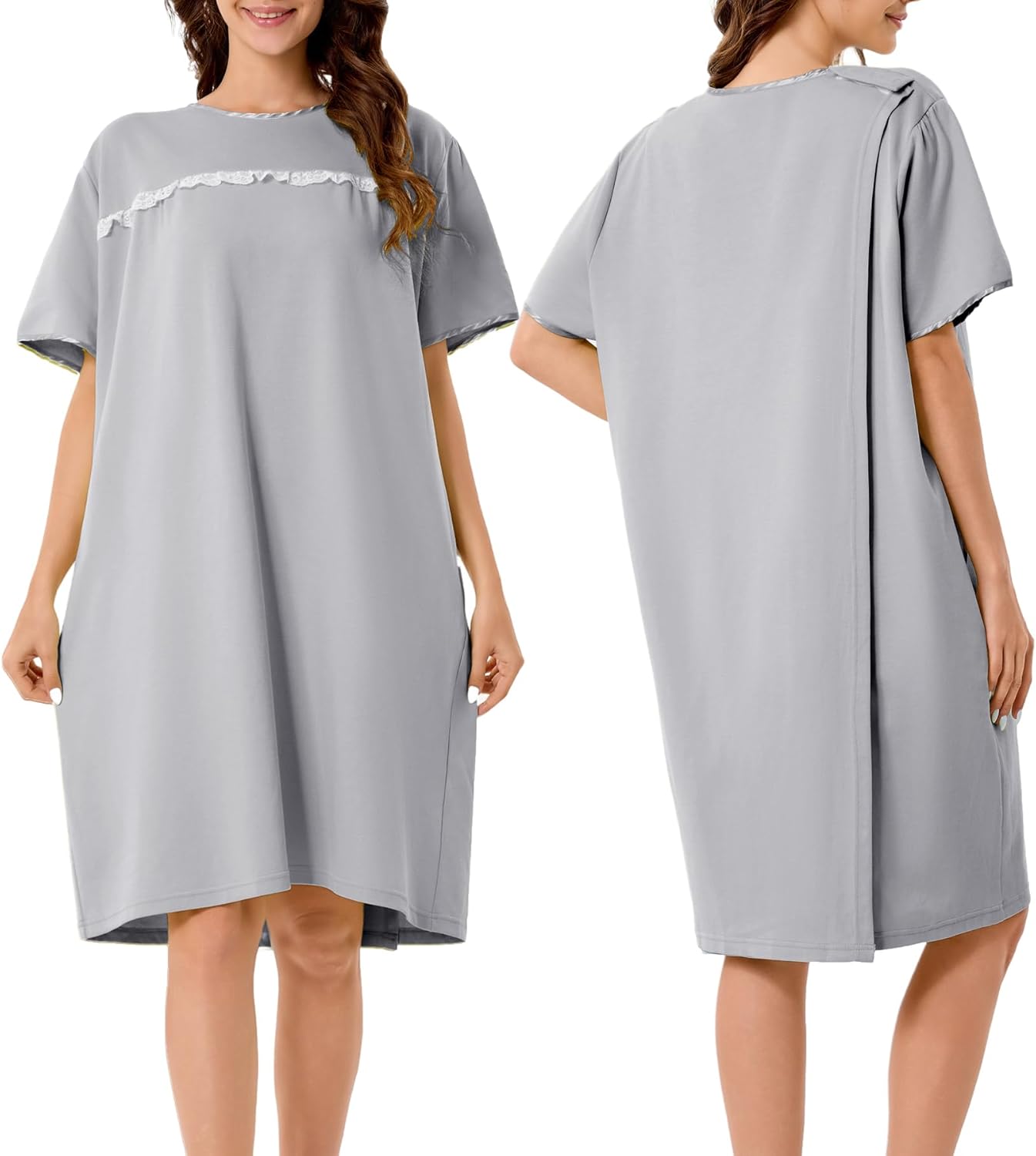 voeeron Hospital Gowns for Women Soft Short Sleeve Patient Gown Open Back Snap Adaptive Clothes with Pockets