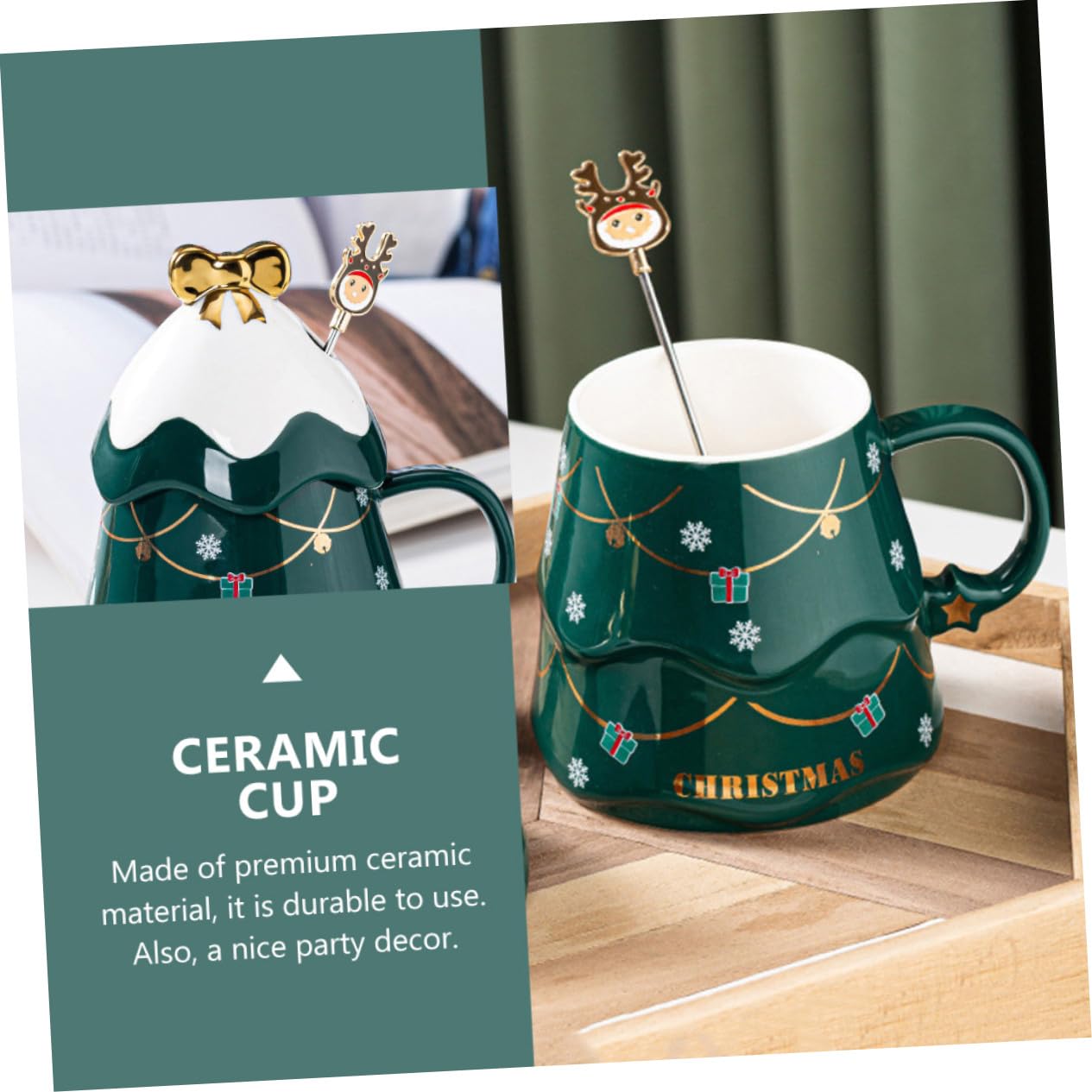 Taza de Cerámica Creativa Forma de Árbol de Navidad, Capacidad 500ml, Tapa y Cuchara para Café en Casa u Oficina