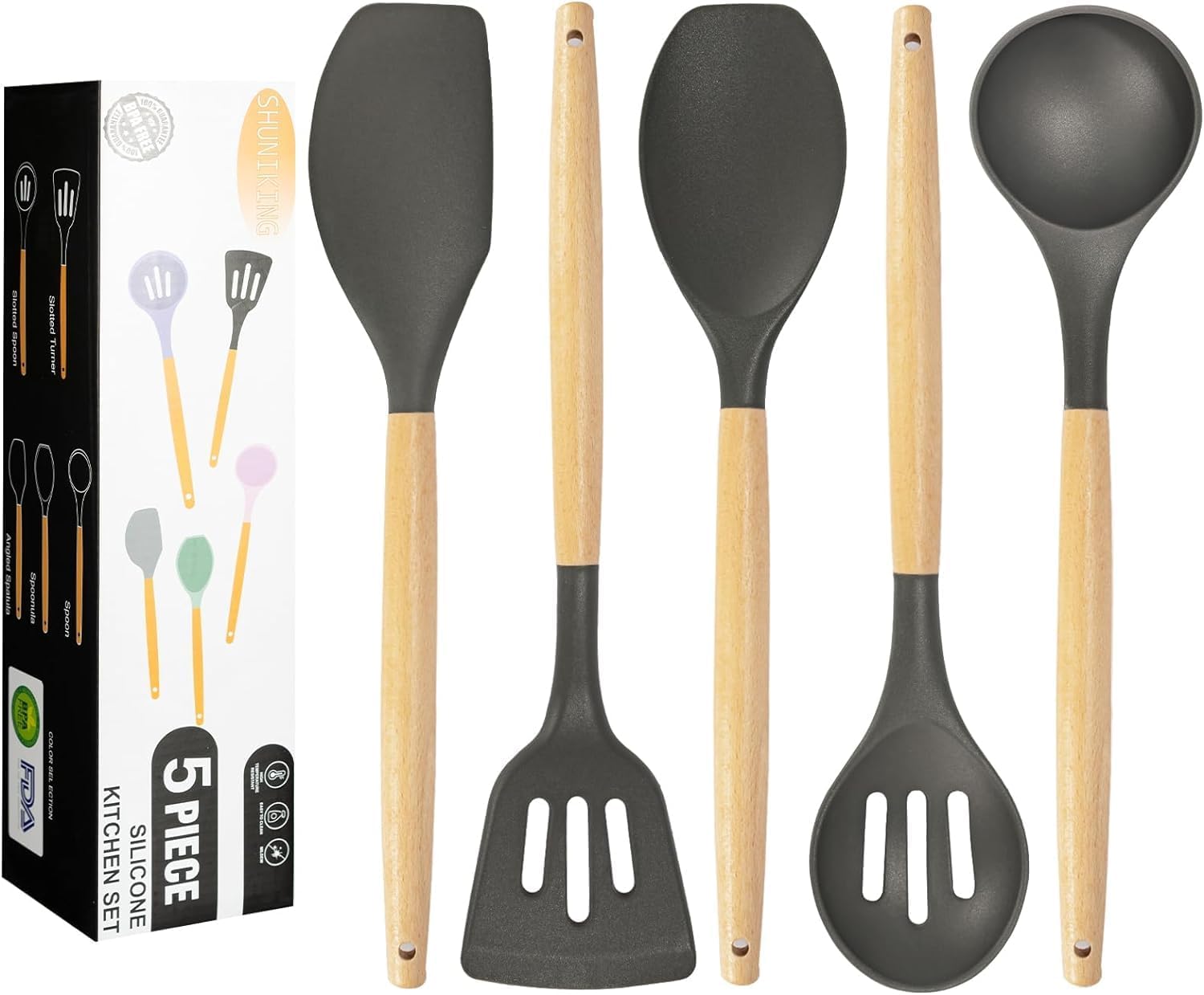 5 Piece Silicone Spatulas Wooden Handle Non-Stick Silicone Spatula,Bpa Free Non Toxic Wooden Handle Spatula Set Used For Bake & Cooking (Grey, 5)
