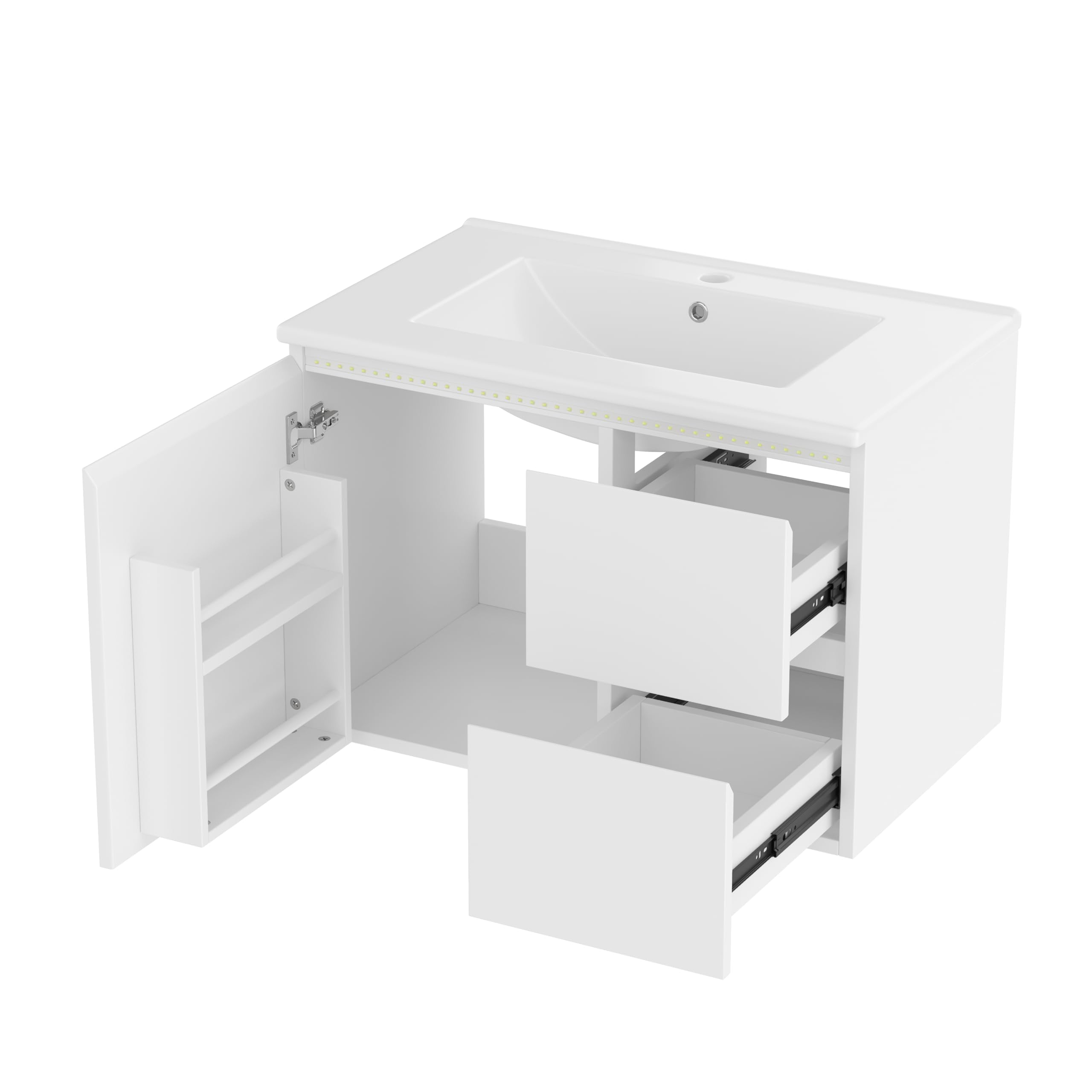 76 x 46 x 50 cm. Mueble de baño de pared, totalmente lacado, iluminación con sensor de radar LED, lavabo, dos cajones, lavabo integrado, blanco (76 x 46 x 50 cm)