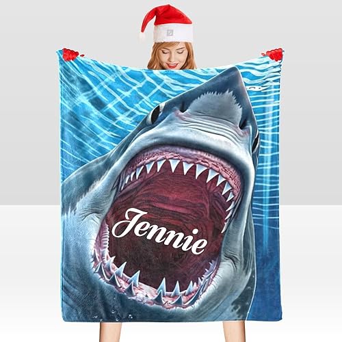 Miniatura 5 de Manta personalizada con texto del nombre, manta personalizada de vellón de tiburón feroz súper suave para sofá, cama (50 x 60 pulgadas)