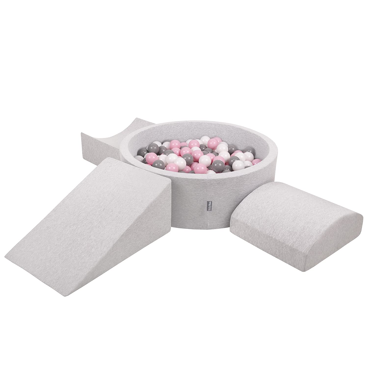 KiddyMoon Foam Playground For Kids With Round Ballpit (200 Balls) Obstacle Course, Lightgrey:White/Grey/Powderpink — image 1