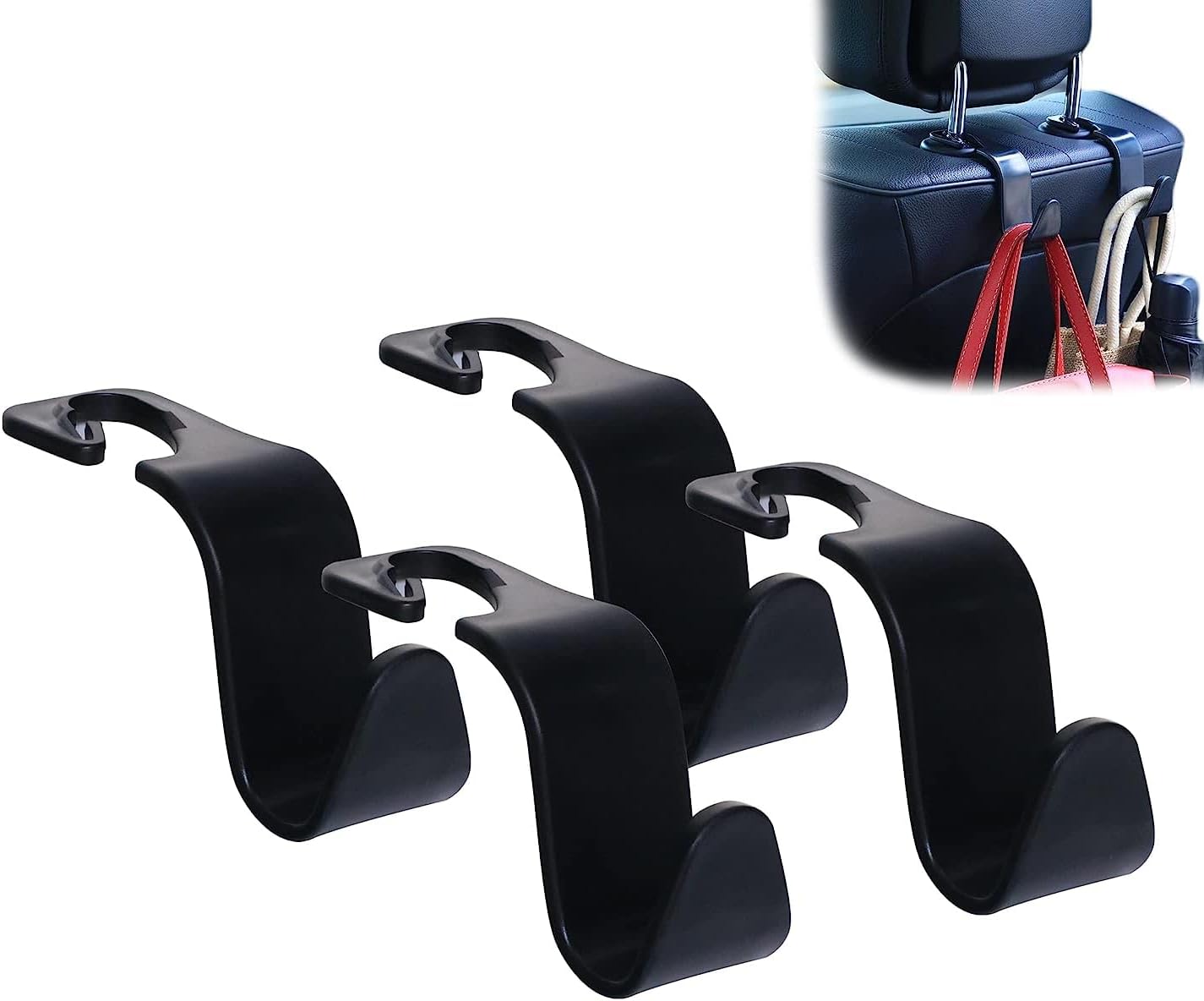 Storescent Polypropylene Car Seat Headrest Hook 4 Pack Hanger Storage Organizer Universal For Handbag Purse Coat Universal Fit Vehicle Car Black With Buckle