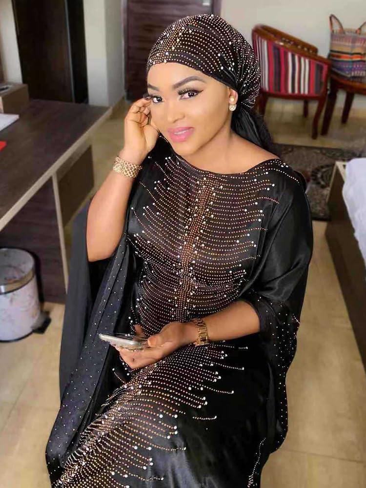 HD African Dresses for Women Fashion Beading Rhinestone Kaftan Maxi Dress - Image 5