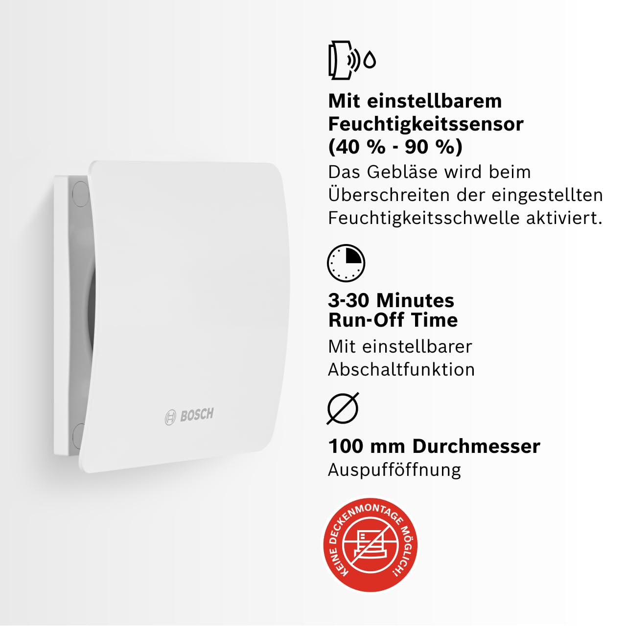 Bosch Badlüfter 1500 DH 100mm - Für Belüftung im Badezimmer und WC, Gegen Feuchtigkeit und Schimmel - Mit Hygrostat und Timer - 100 mm Durchmesser