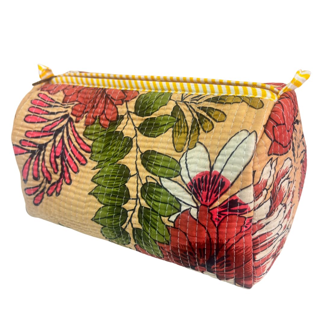 Quilted Cotton Travel Organizer Bag Set of 3 β Waterproof Toiletry Pouch, Cosmetic Makeup Bag & Multipurpose Travel Pouches for Women & Men, Handcrafted Block Print (Floral Beige) 3
