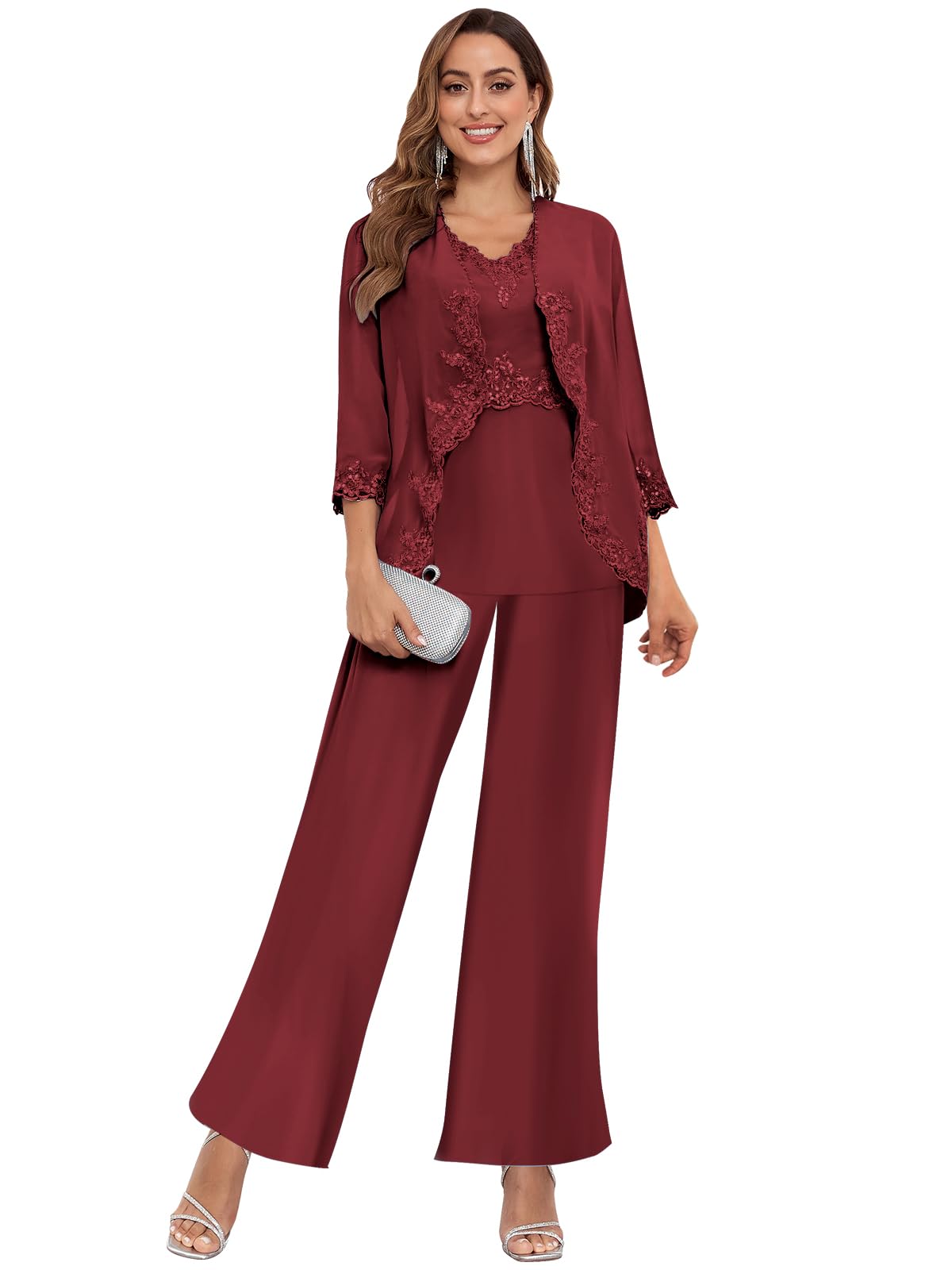 3 Piece Mother of The Bride Pant Suits for Wedding Chiffon Beaded Appliques Formal Pantsuits for Evening Party
