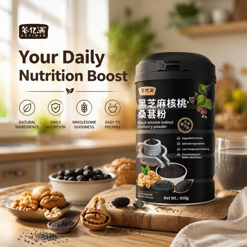 Polvo Instantáneo De Mora Y Nuez De Sésamo Negro 600g | Polvo instantáneo de morera y nueces con sésamo negro, desayuno fácil de cereales calientes, 600g