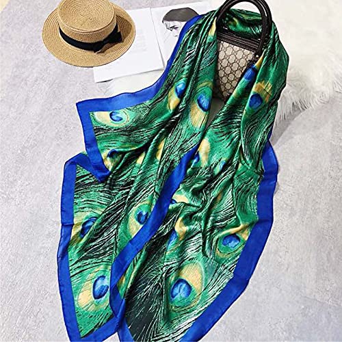 Women Silk Scarf Long Large Peacock Feather Print Wrap Shawl Scarves Headscarf4