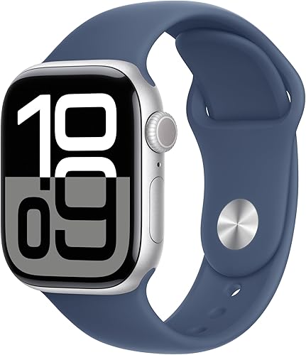 Apple Watch Series 10 (42 mm, GPS) con caja de aluminio plateado, con correa deportiva azul denim, SM monitor de fitness, app de ECG, pantalla