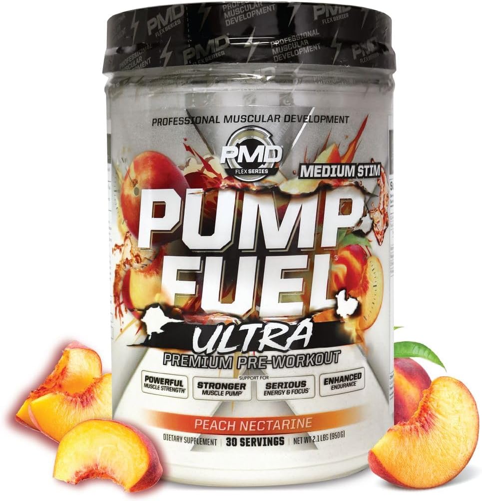 PMD Sports Pump Fuel Ultra Medium Stim - Premium Pre Workout Powder & Muscle Pump, Greater Focus, Endurance & Recovery, Premium Creatine, Arginine & Beta Alanine - Peach Nectarine (30 Servings)