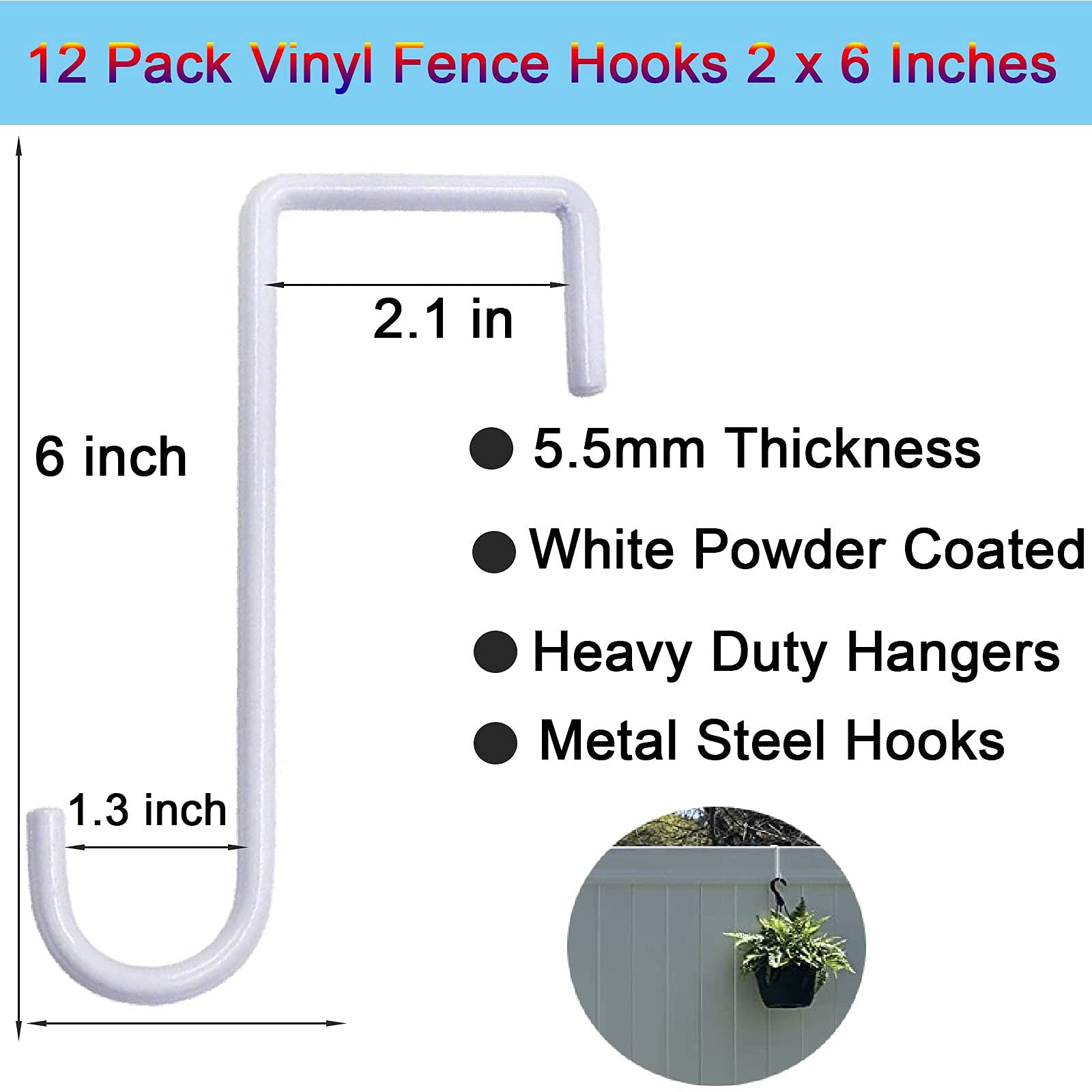 12 Pack Vinyl Fence Hooks,2 x 6 inch Fence Hangers Patio Light Hooks