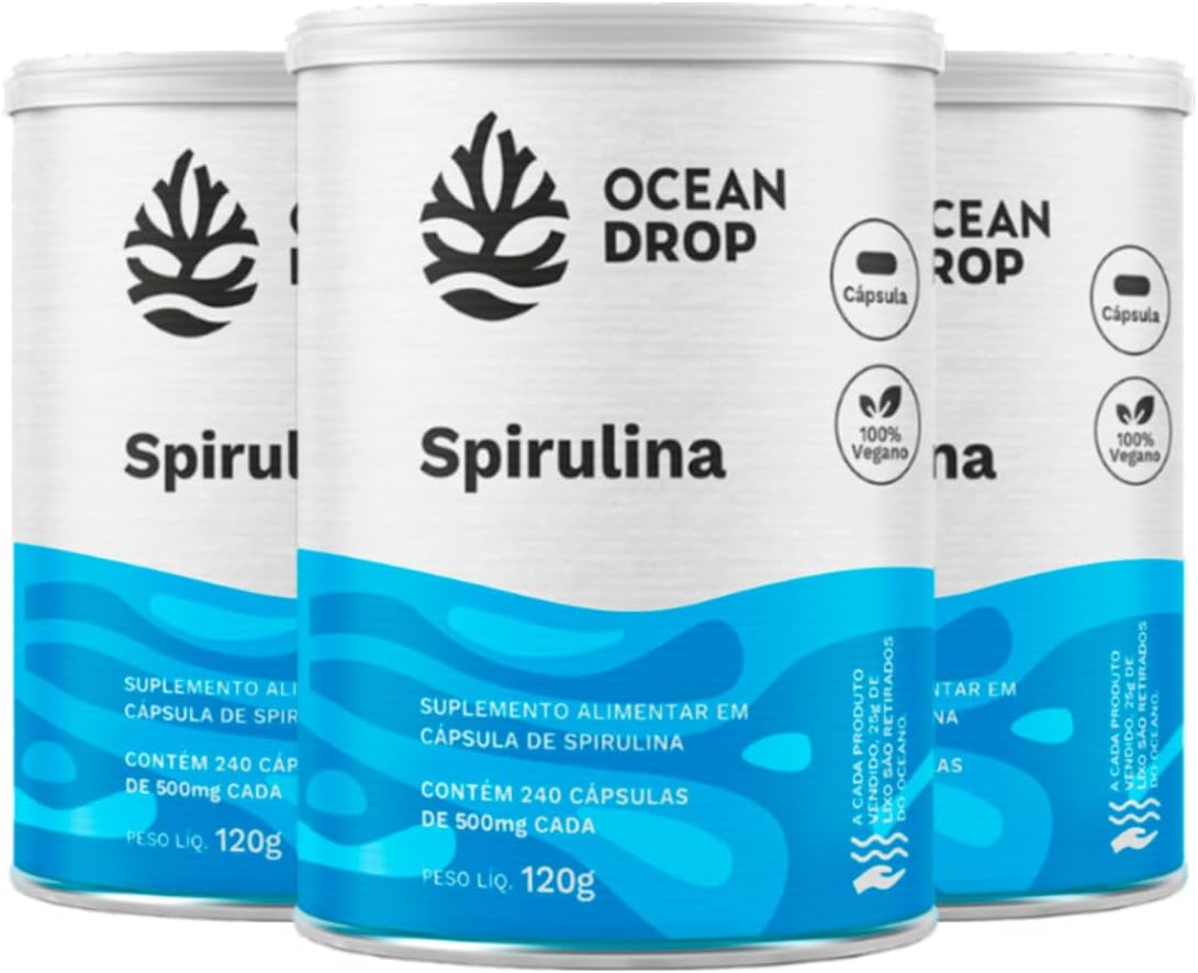 Kit 3 Spirulina Vegana Ocean Drop 240 Cápsulas