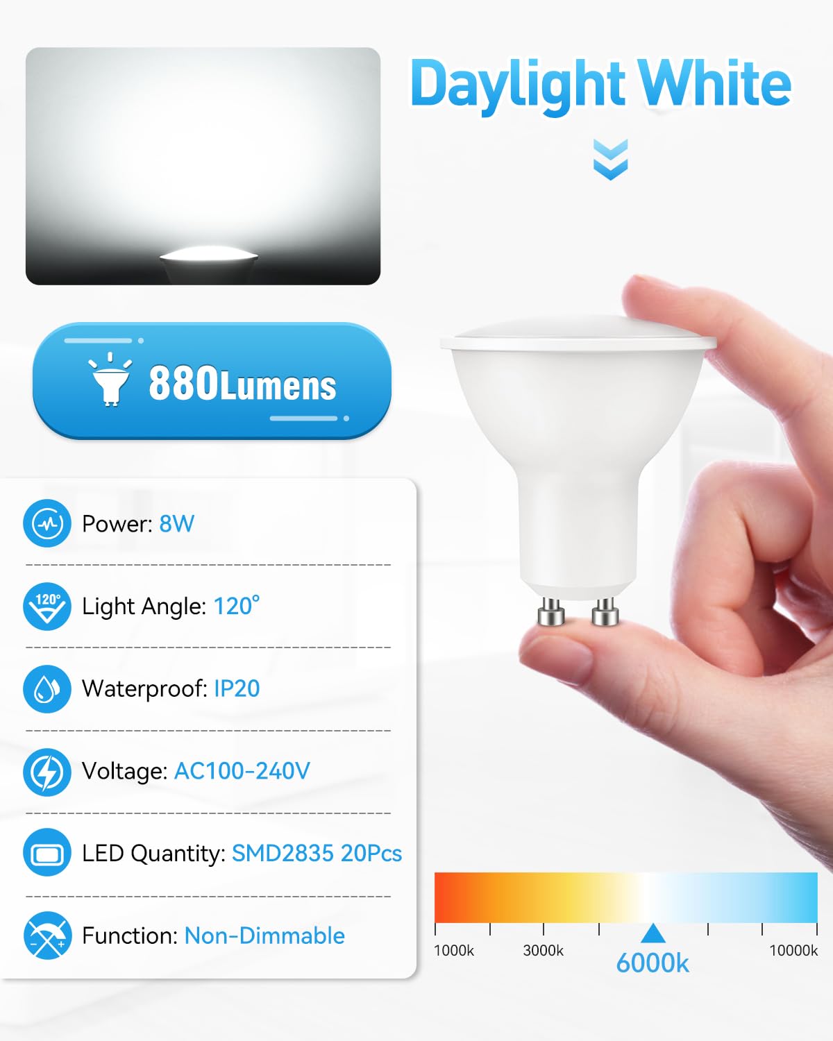 Cnkeeo GU10 LED Bombilla Potentisima, Bombilla 8W Caliente Blanco 6000K, Ángulo de haz de 120°, Bombillas Led de Pack de 10, Blanco Frío