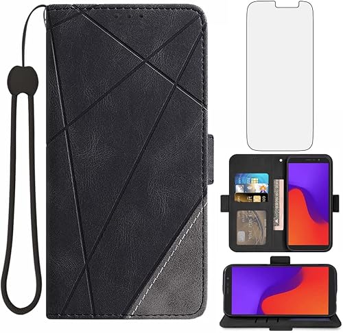 Asuwish Compatible con Tracfone BLU View 2 B130DL - Funda tipo cartera y protector de pantalla de vidrio templado, soporte para tarjetero,