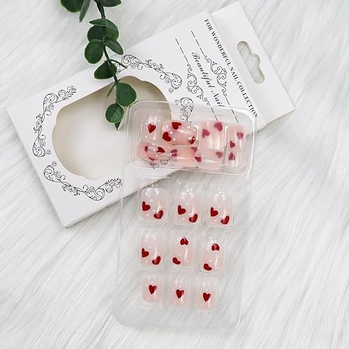 Miniatura 4 de Uñas postizas cuadradas cortas para el día de San Valentín, uñas postizas cuadradas cortas de punta francesa, uñas postizas de San Valentín, diseño