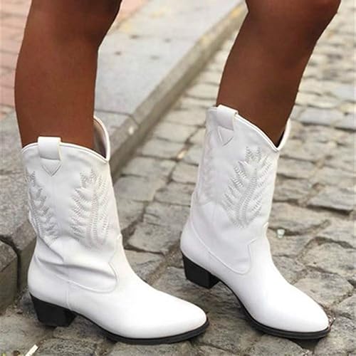 Miniatura 2 de Hbeylia Botas vaqueras occidentales para mujer, estilo vintage, punta redonda, tacón medio grueso, ancho a media pantorrilla, botas vaqueras retro