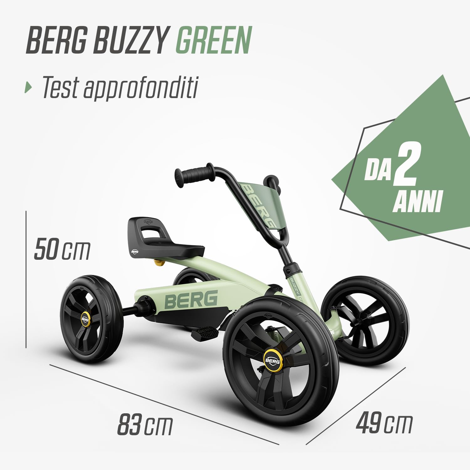 BERG Buzzy Verde Go-Kart a Pedali per Bambini 2-5 Anni | Macchinina Cavalcabile con 4 Ruote Stabili per Bambini | Sedile Regolabile e Certificato Sicurezza