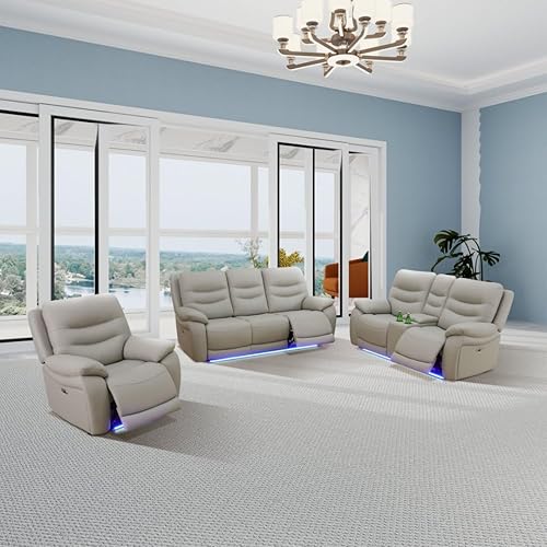Breathing Leather Recliner Couch Set, Power Reclining Sofa Set 3 Pieces Leather Sofa with Built in USB Port for Living Room(Light Grey)