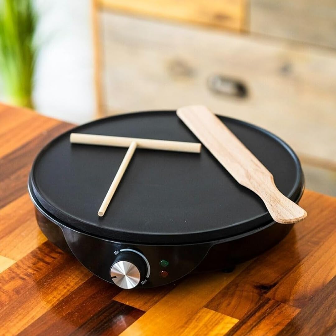 Marco Paul Electric Crepe & Pancake Maker - Large 12" Easy Clean Non Stick Hotplate with Crepe Making Tools Included 1000W Adjustable Temperature Hot Plate for Crepes, Omelettes & Pancakes